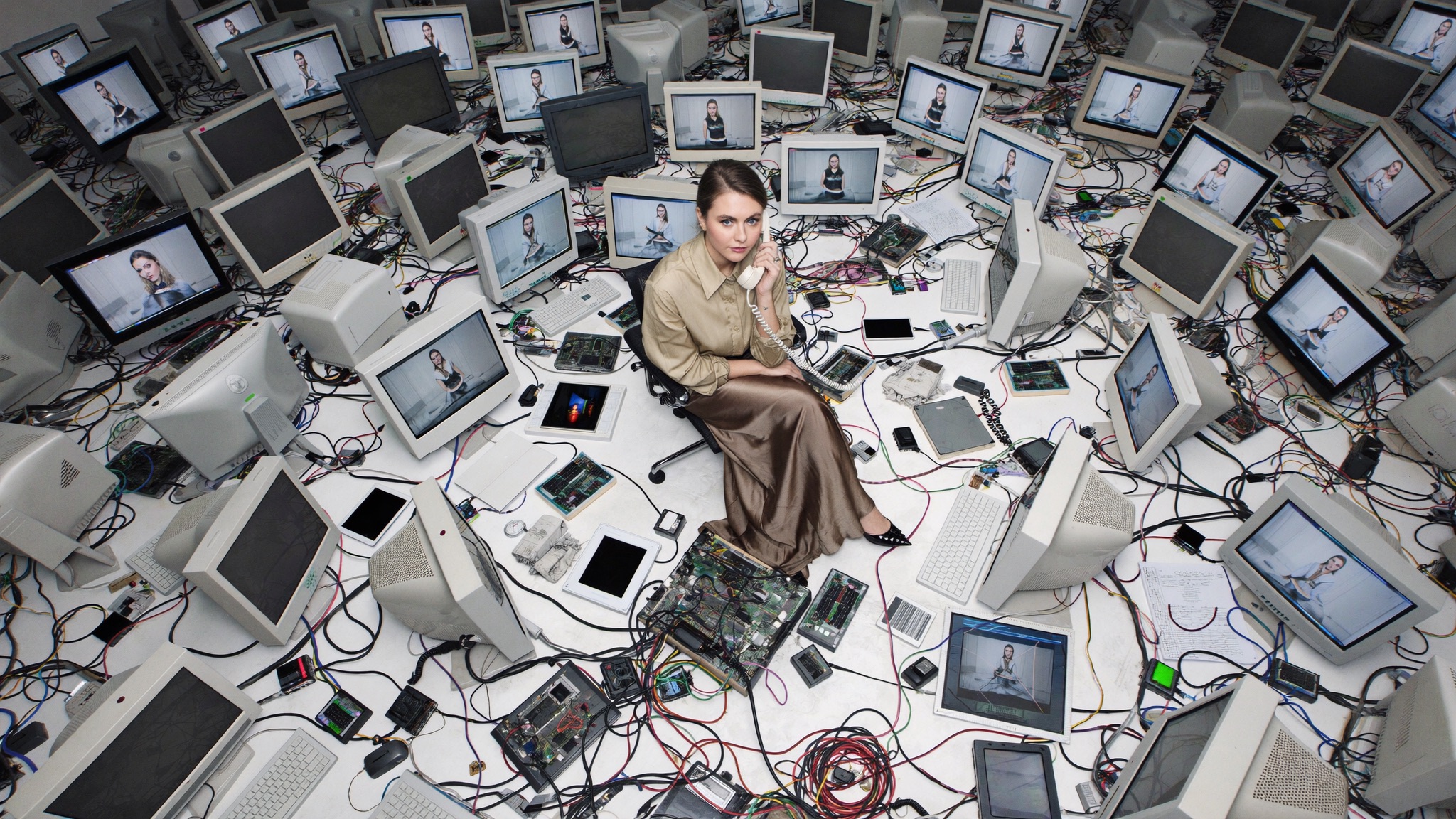 A leader on a phone call at the center of a room of monitors, every screen carrying her twin mid-conversation